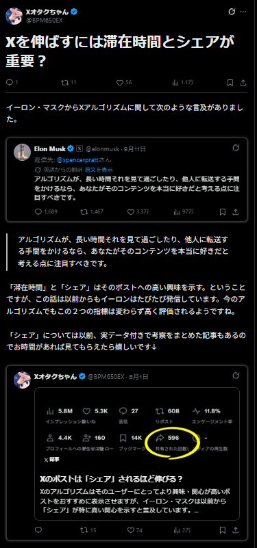 Xオタクちゃんの短いX記事例。滞在時間とシェアをテーマに、本文と2つのXポストを組み合わせて解説している