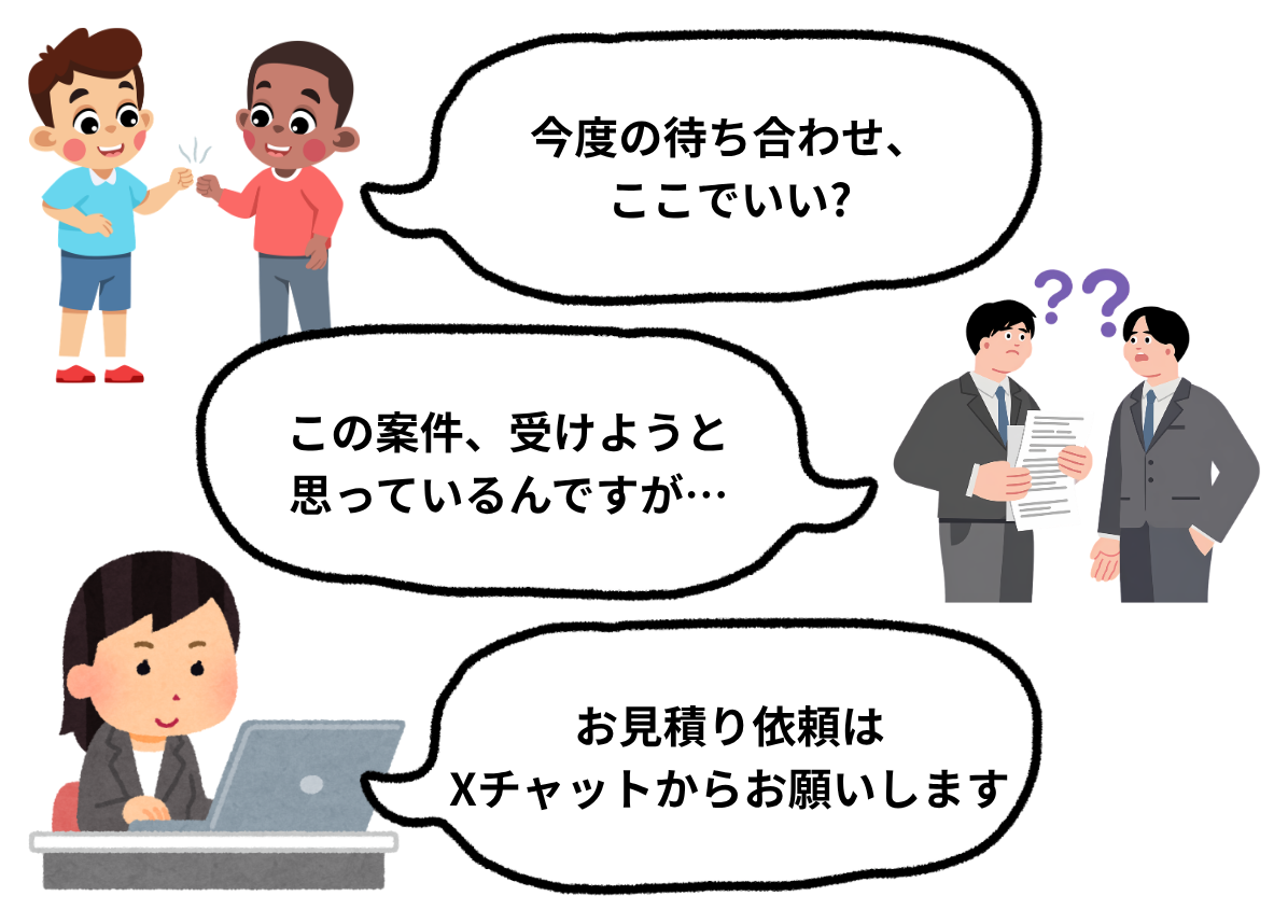 待ち合わせや仕事の相談など、特定の相手とのやりとりにはチャットを使う